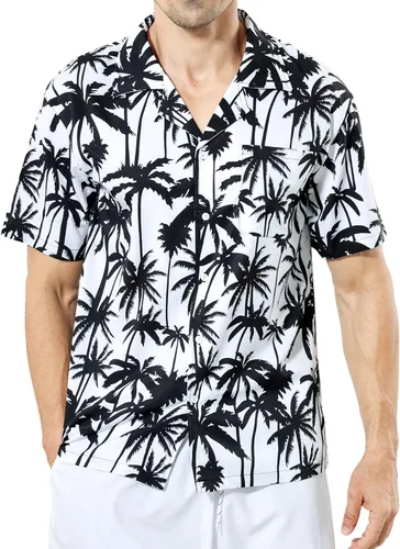Vista 4 de AINIKO Camisa hawaiana de manga corta para hombre, ajuste holgado, estampado floral, tropical, crucero, playa, camisa Aloha con botones