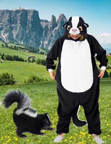 Vista 2 de Pijama de skunk para adultos, disfraz de skunk para cosplay, disfraz de animal de Halloween, mono de una pieza para hombres y mujeres