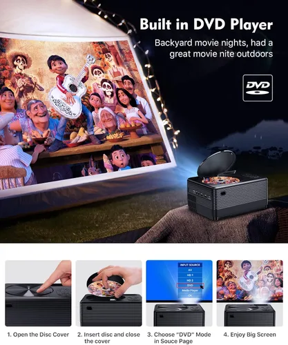Vista 3 de ClokoWe Mini proyector para iPhone, proyector de DVD Bluetooth de 1080P con reproductor de DVD integrado con pantalla de 120 pulgadas, proyector