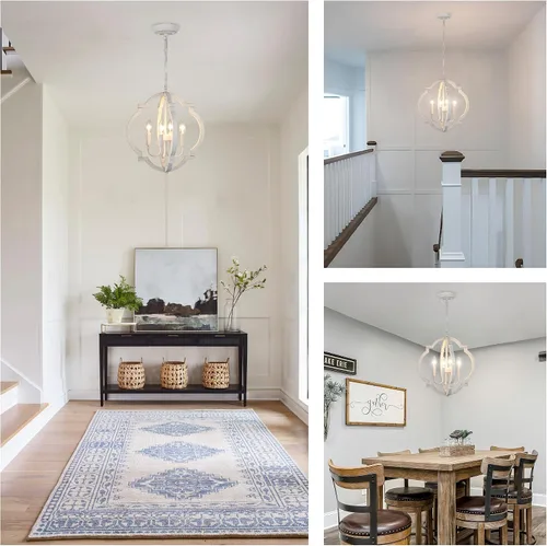 Vista 5 de Lámpara de araña blanca para comedor - Lámpara colgante moderna de 4 luces, luces colgantes de madera rústica para cocina, isla, sala de estar