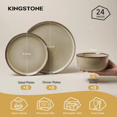 Vista 2 de Stoneware Dinnerware Sets for 8, Reactive Glaze, Beige