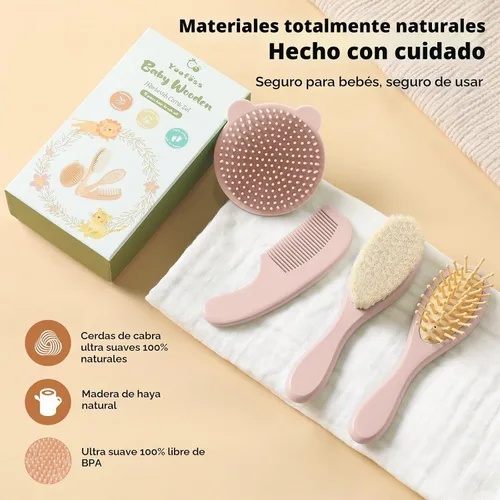 Vista 4 de Yoofoss Juego de 4 cepillos y peine para el pelo del bebé, cepillo de madera para el pelo del bebé con pelo de cabra ultra suave natural, juego