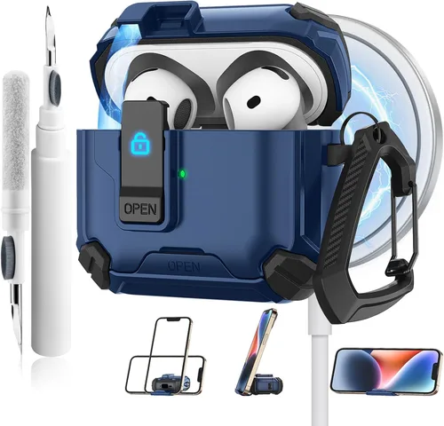 Vista 13 de Meliya Funda para AirPods 4, viene con soporte para teléfono y función MagSafe, funda rígida de protección completa automática emergente con bloqueo