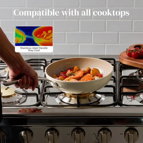 Vista 4 de Sartenes de freír de cerámica Redchef antiadherentes de 9.5", sartén profunda de saltear de 2.4QT con tapa, olla grande jumbo con asa de Beige