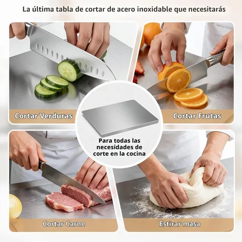 Vista 6 de Tabla de cortar para cocina, tabla de cortar de acero inoxidable con labio, tabla de cortar de metal para carne, verduras, frutas y masa de pan