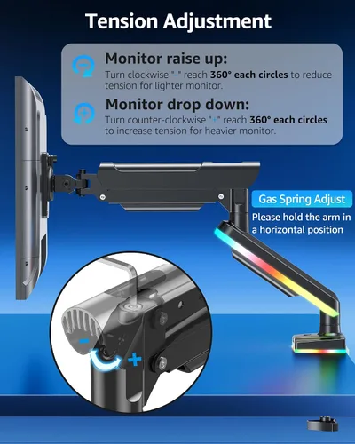 Vista 5 de MOUNTUP Brazo de monitor único RGB para 32, 27, 24, 22 pulgadas, soporta pantallas de 4.4 a 22 libras, soporte de monitor para escritorio con luces