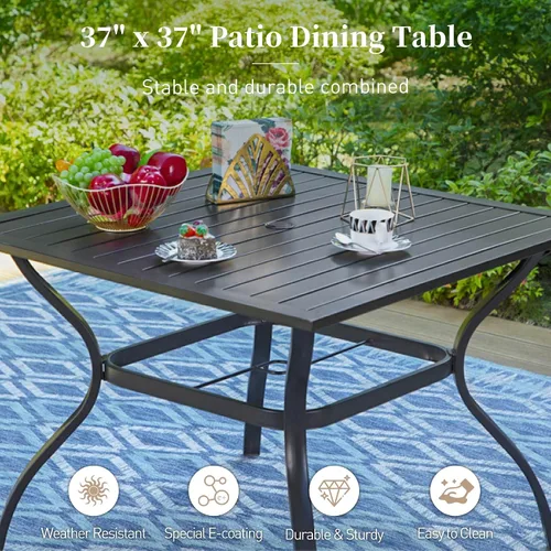 Vista 4 de Mesa de patio con agujero para paraguas, mesa de comedor de metal negro para 4 personas 37" wrought iron table, weather resistant. Slatted table