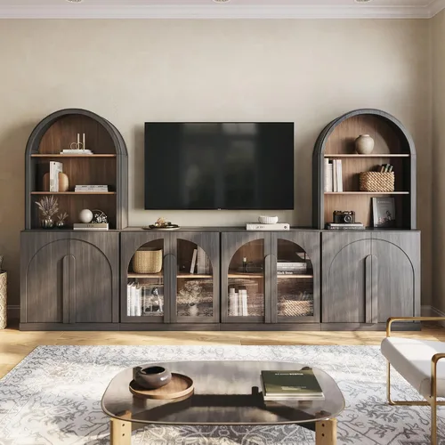 Vista 15 de BELLEZE Centro de entretenimiento modular de 4 piezas con almacenamiento, 2 vitrinas de madera moderna con gabinete arqueado y 2 armarios de puerta