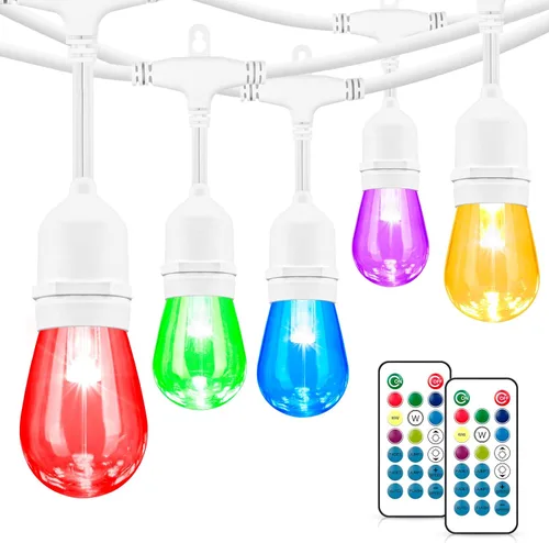 Vista 11 de Mlambert Luces de patio al aire libre de 48 pies, impermeables, regulables con control remoto, cadena de luces LED RGB Cafe con 15 bombillas Negro