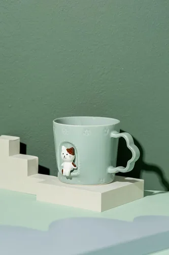 Vista 5 de DIHOclub Taza de cerámica con diseño de gato, ventana con animales, figura de cerámica hecha a mano, tazas lindas de dibujos animados, regalo