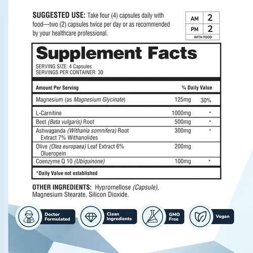 Vista 3 de HealthyHeart Support+ Suplementos 6 en 1 para la salud cardíaca con Ashwagandha, CoQ10, raíz de remolacha, hoja de olivo, magnesio y L-carnitina