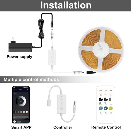 Vista 6 de Tira de Luz LED COB 2700K, Tira de Luz LED Blanca Cálida de 24 pies Ajustable, CRI92+, Tira de Cinta DC24V con Función de Temporizador de Control