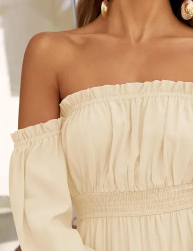 Vista 60 de ZESICA - Vestido largo, bohemio y sexy, con hombros descubiertos y manga larga fruncida, con elástico fruncido, cintura alta y abertura lateral