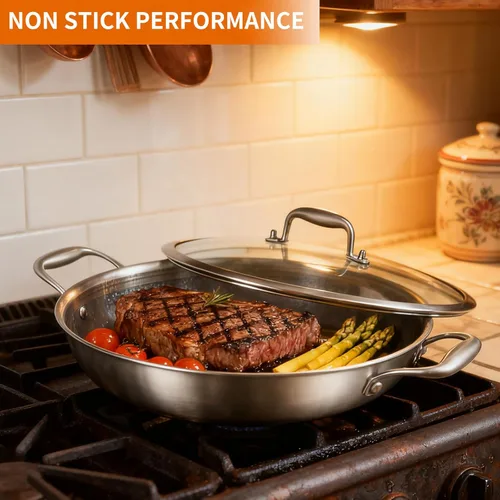 Vista 2 de DELARLO Wok con Tapa de 12 Pulgadas Wok Antiadherente, Apto para Horno Hasta 600℉, Woks y Sartenes para Freír Antiadherentes, Wok de Acero
