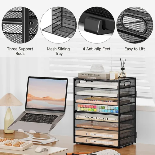 Vista 6 de SUBEKYU Organizador de papel de 9 niveles para escritorio, bandeja de cartas de malla de metal negro, organizador clasificador de papel de archivo