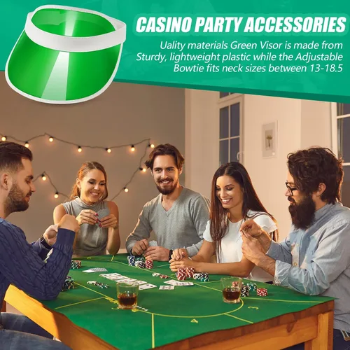 Vista 6 de Hicarer Disfraz de casino de 3 piezas, incluye visera verde de reparto pajarita y brazalete de repartidor de plástico, sombreros estilo casino