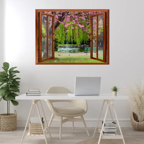 Vista 13 de wall26 Adhesivo decorativo para pared, loros verdes sentados en la rama afuera, ventana abierta, no se pega ni se pega, papel tapiz no tejido