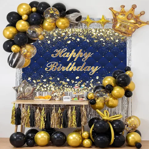 Vista 4 de Renaiss Telón de Fondo Banner de Feliz Cumpleaños de 5x3 pies Diamantes Reales Dorado Azul Fondo de Fotografía para Hombres Mujeres Fiesta