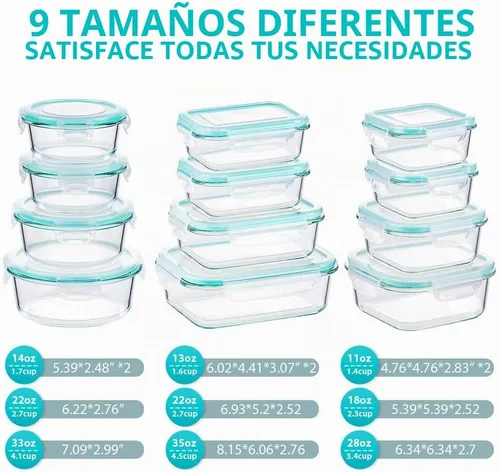 Vista 2 de Bayco Contenedores de vidrio para almacenamiento de alimentos con tapas, 24 piezas, preparación de comidas, cajas Bento herméticas, a prueba de Azul