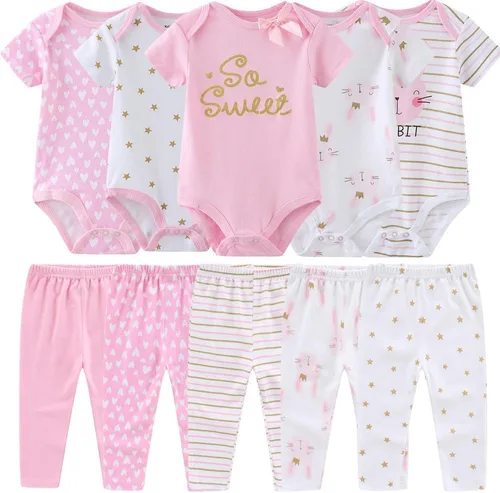 Vista 21 de Conjunto de canastilla para bebé, 9 piezas, conjunto de mamelucos y pantalones, conjunto de regalo unisex para bebé