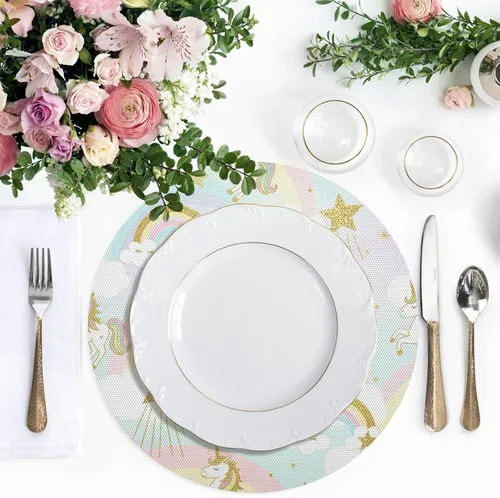 Vista 5 de Glittery Gold Unicorns Dining Room Table Placemats, Non Slip Placemats Set Washable for Kitchen Table one sizex1