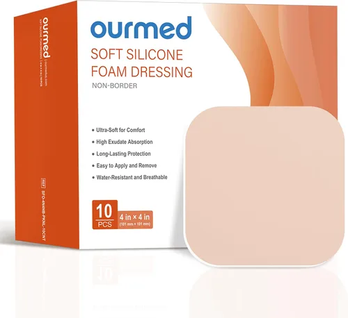 Vista 11 de Ourmed Soft Flex Apósitos de espuma de silicona (4 pulgadas x 4 pulgadas, paquete de 10) estériles, altamente absorbentes, impermeables, borde