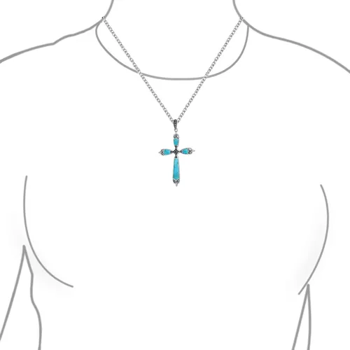 Vista 3 de Collar con colgante de cruz de ópalo azul creado con circonita cúbica para mujeres y adolescentes, plata de ley 925 con piedra natal de octubre