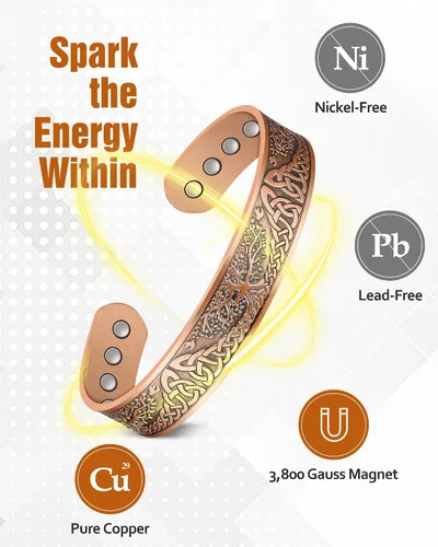 Vista 2 de Pulsera de cobre para hombres, pulsera magnética de cobre de 18X de fuerza para hombres con imanes de 3,800 Gauss, cobre sólido puro al 99.99%