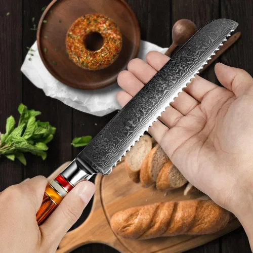 Vista 3 de FANTECK Cuchillo de pan, cuchillo de cocina dentado de 8 pulgadas, VG10 Damascus Pro de acero inoxidable de alto carbono de 67 capas para pan