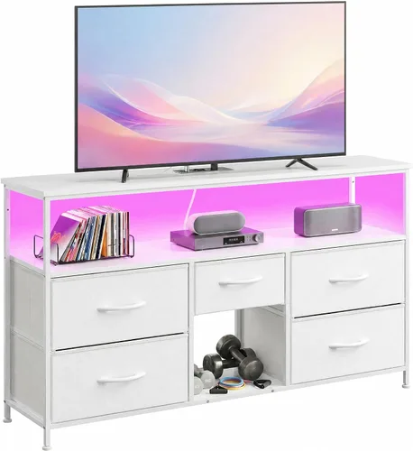 Vista 12 de EnHomee - Soporte de TV para dormitorio con LED y tomas, almacenamiento de 5 cajones, color negro