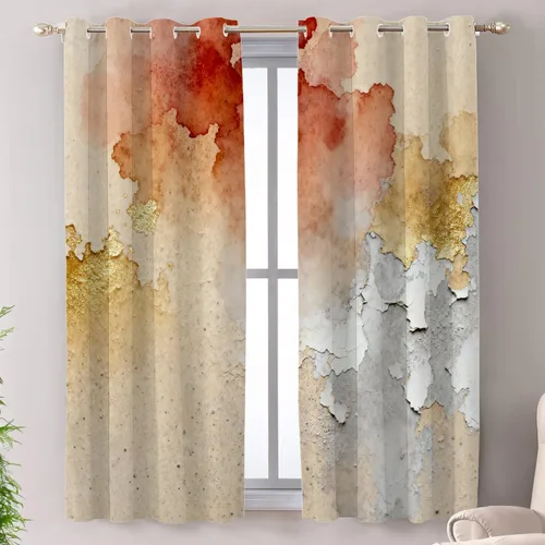 Vista 134 de Shrahala Beige and Orange Abstract Art Brushstrokes Blackout Curtain Tiers, Abstract Oil Paint Kitchen Valance Light Blocking Tier Drapes with Rod