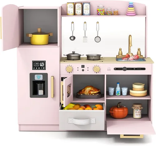 Vista 11 de Costzon Juego de cocina para niños, juego de madera para niños pequeños con luces y sonidos reales, fregadero, grifo, dispensador de agua, Blanco