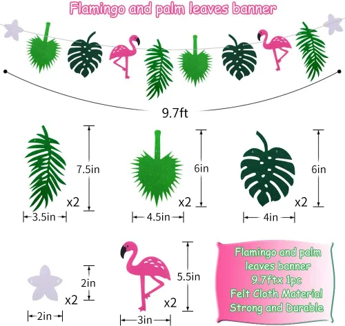 Vista 5 de Decoraciones de fiesta hawaiana, suministros de fiesta de cumpleaños tropical, flamenco y hojas de palma, pancartas de papel de seda, bola de panal