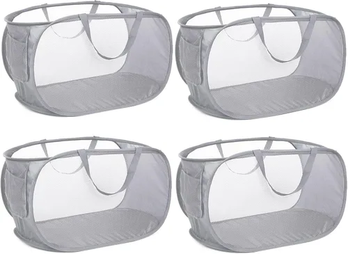 Vista 7 de Cestas de lavandería plegables duraderas, cesta de lavandería desplegable de malla con bolsillo lateral, cesta de ropa plegable con asas