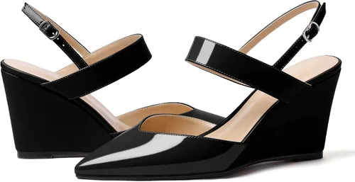 Vista 4 de Soireelady Sandalias de cuña de tacón alto con puntera puntiaguda para mujer, sandalias de cuña con hebilla y diseño recortado, zapatos de cuña