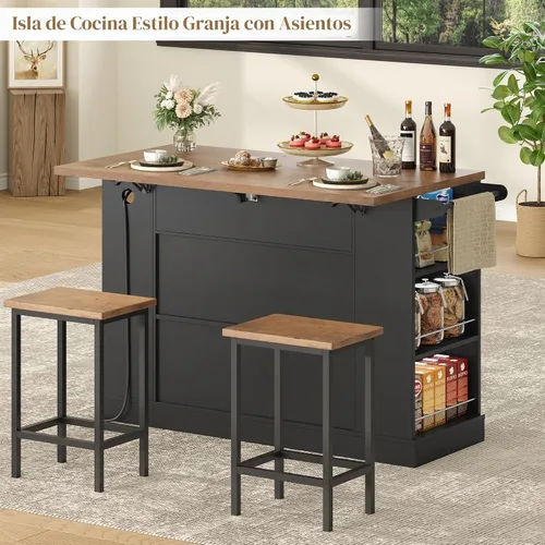 Vista 6 de Keyluv Isla de almacenamiento de cocina con 2 taburetes, carrito de cocina móvil de 51 pulgadas con hoja de caída y toma de corriente, mesa de isla
