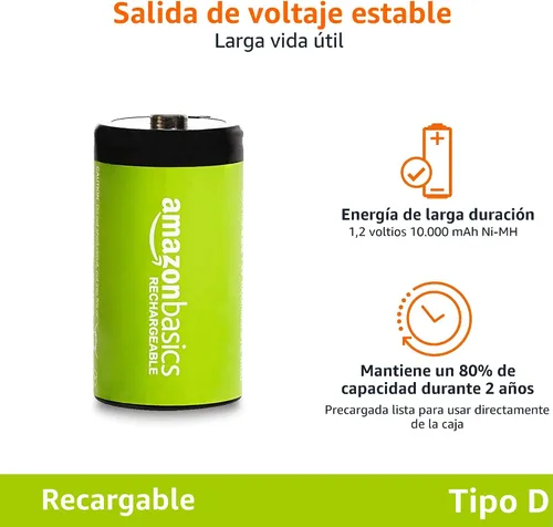 Vista 3 de Amazon Basics Baterías recargables de celda D, paquete de 4, NiMH, 10000 mAh, recarga hasta 1000 veces y precargadas