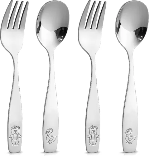 Vista 8 de Zulay Kitchen 4 utensilios para niños pequeños, juego de cubiertos de acero inoxidable para niños, tenedores seguros para niños y niños, borde liso
