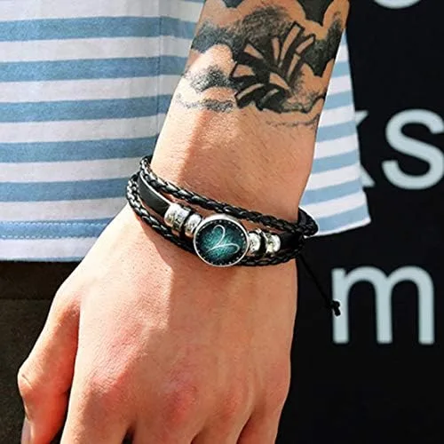 Vista 6 de Pulsera de cuero trenzado a mano con 12 cuentas de constelación para hombre estilo retro 2