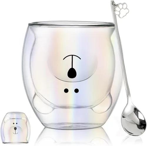 Vista 9 de Binoster Tazas Lindas de Oso Kawaii de Vidrio de Doble Pared para Café y Té, Taza de Yogur Divertida, Regalo Novedoso para Mujeres, Sus Amigas