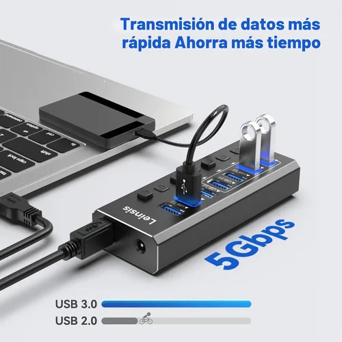 Vista 4 de Hub USB 3.0 alimentado, Leinsis 7 puertos USB 3.0 Hub [aluminio duradero] 7 puertos de transferencia de datos + 4 puertos de carga inteligentes