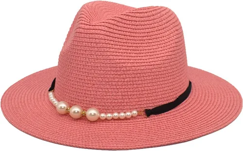 Vista 9 de Moda Primavera Verano Protector Solar Cap Pearl Accesorios Sombrero de Sol Ala Ancha Retro Jazz Top Hat Mujer Sombrero de paja