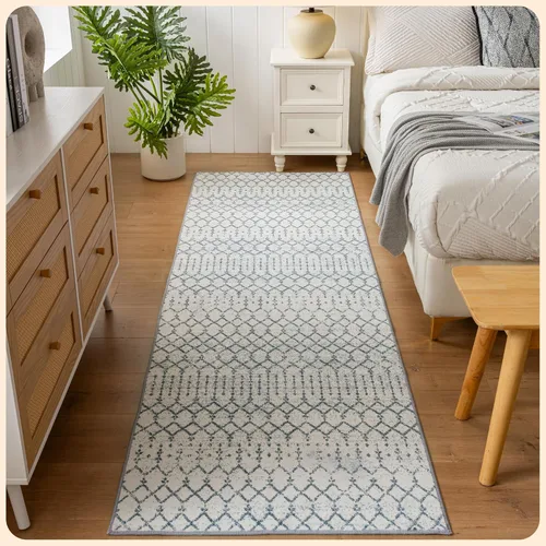 Vista 245 de Istana Alfombra larga antideslizante de 2.5 x 8 para el hogar, para pasillo y cocina, lavable, sedosa y suave al tacto, elegante, color azul y marfil