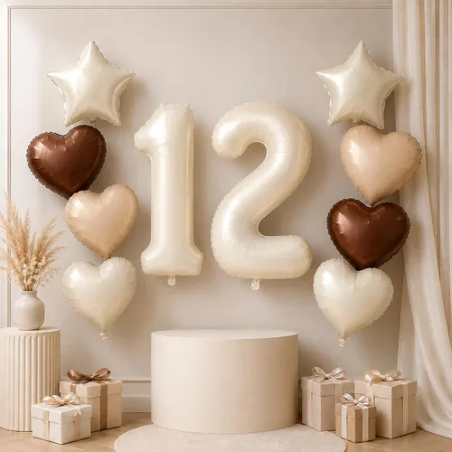 Vista 55 de Decoración de Globos Número 10 de 40 Pulgadas, Globos de Corazón Neutro de Papel de Aluminio Crema Retro Albaricoque Marrón con Globo de Helio