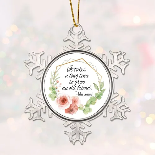 Vista 3 de Adornos decorativos de Navidad de copo de nieve de metal, corona floral que tarda mucho tiempo en crecer un viejo amigo, adorno de recuerdo