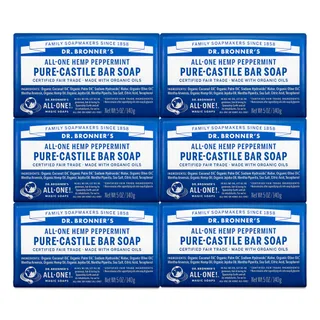 Jabones mágicos Dr. Bronner’s, jabón de Castilla puro, Menta de cáñamo, todo en uno, barras de 5 onzas (paquete de 6), Peppermint