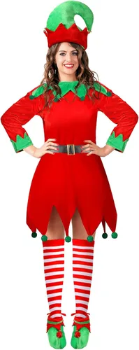 Vista 4 de Girls Women Christmas Elf Costume Set Santa's Helper Costume Xmas Festive Outfit with Elf Hat Shoes Belt Striped Stockings