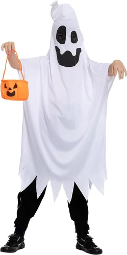 Vista 4 de Spooktacular Creations Disfraz de fantasma con cuerno y cubo de calabaza para niños, Halloween, espeluznante truco o trato