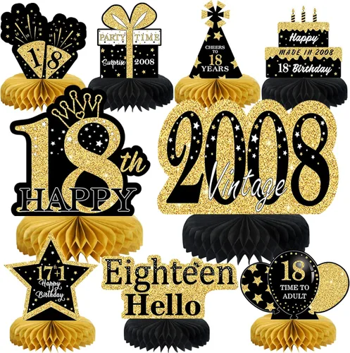 Vista 20 de 9 piezas de decoración de cumpleaños negro dorado 16 centros de mesa de panal para niños y niñas, centros de mesa de feliz cumpleaños 16 Oro negro 16