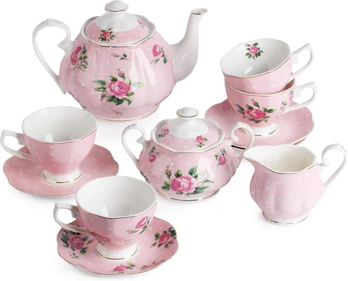 Vista 10 de BTaT - Juego de té floral para adultos, 13 piezas, servicio para 4, olla (38 onzas) y tazas (8 onzas) con platillos, diseño floral azul pastel